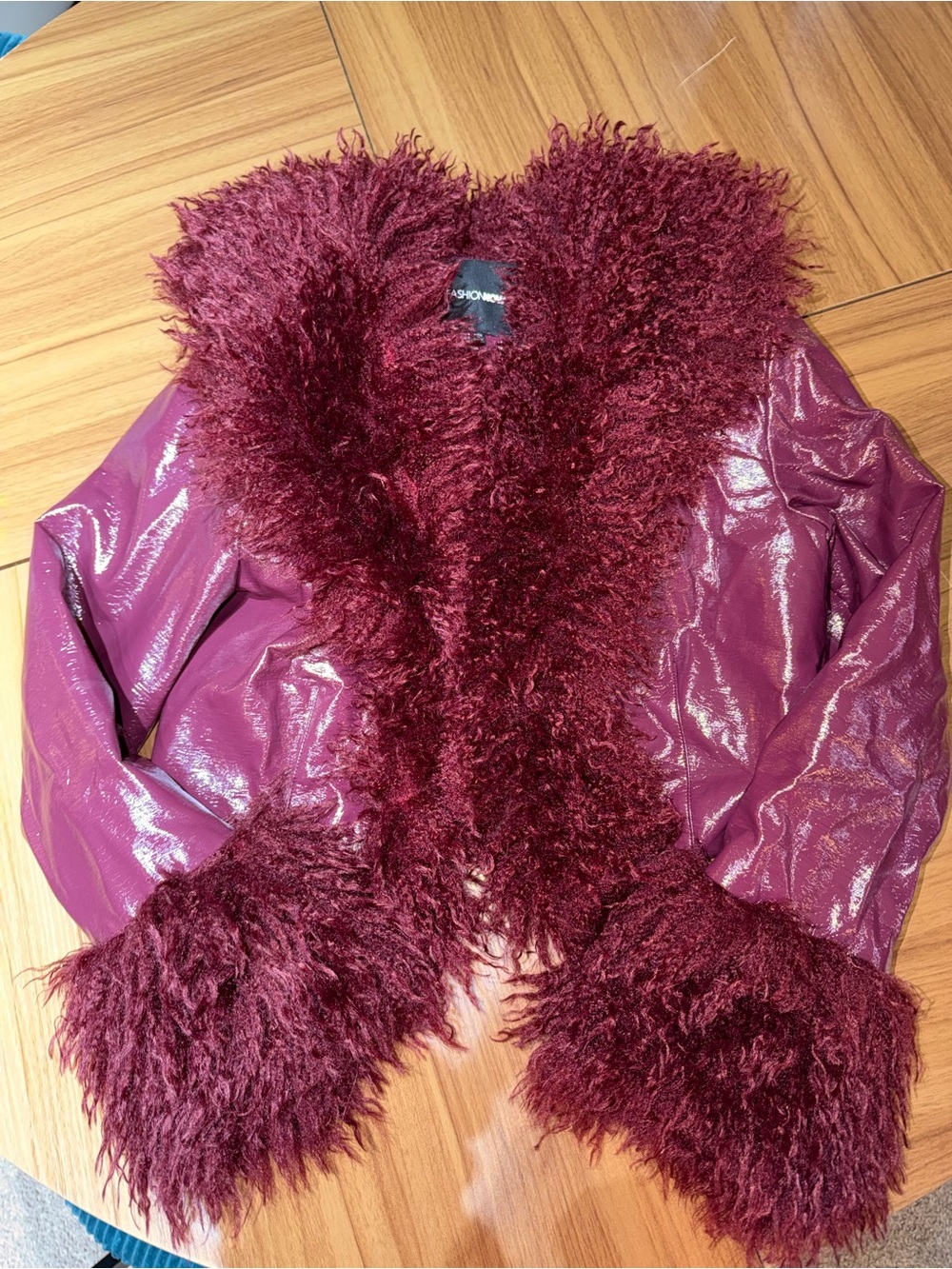 Wine Faux Fur Trim Shiny Jacket